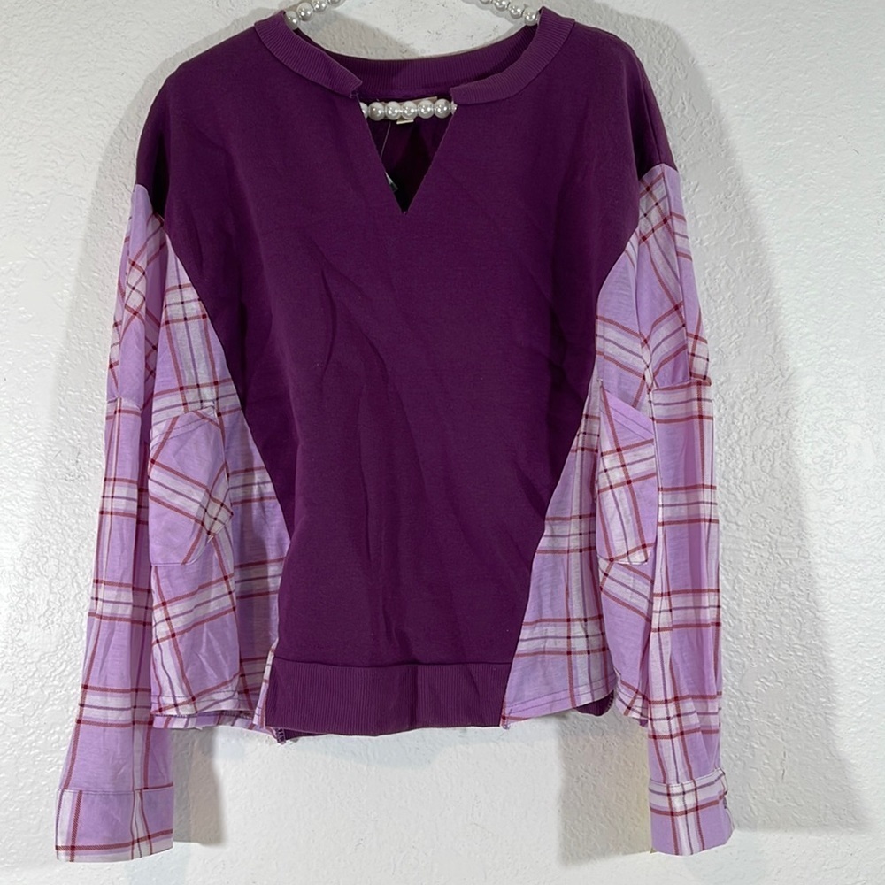 Paper & Tee Deep Purple Plaid Flannel Pullover V Neck Sweater Size 2XL New